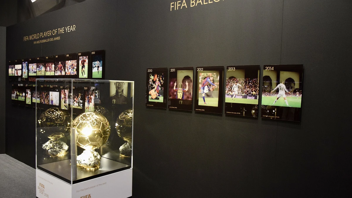 Ballon d'Or trophies on display in a glass case at the FIFA Museum in Zurich, with posters of past winners including Messi on the wall behind them. Photo: Ank kumar / Wikimedia Commons (CC BY-SA 4.0).